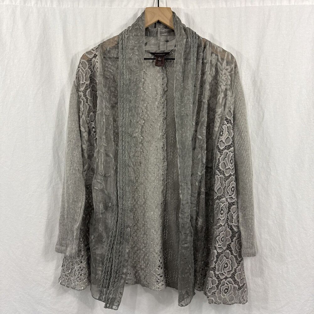 Multiples Grey Textured Lace Open Front Cardigan Sweater Womens Sz L Cottagecore